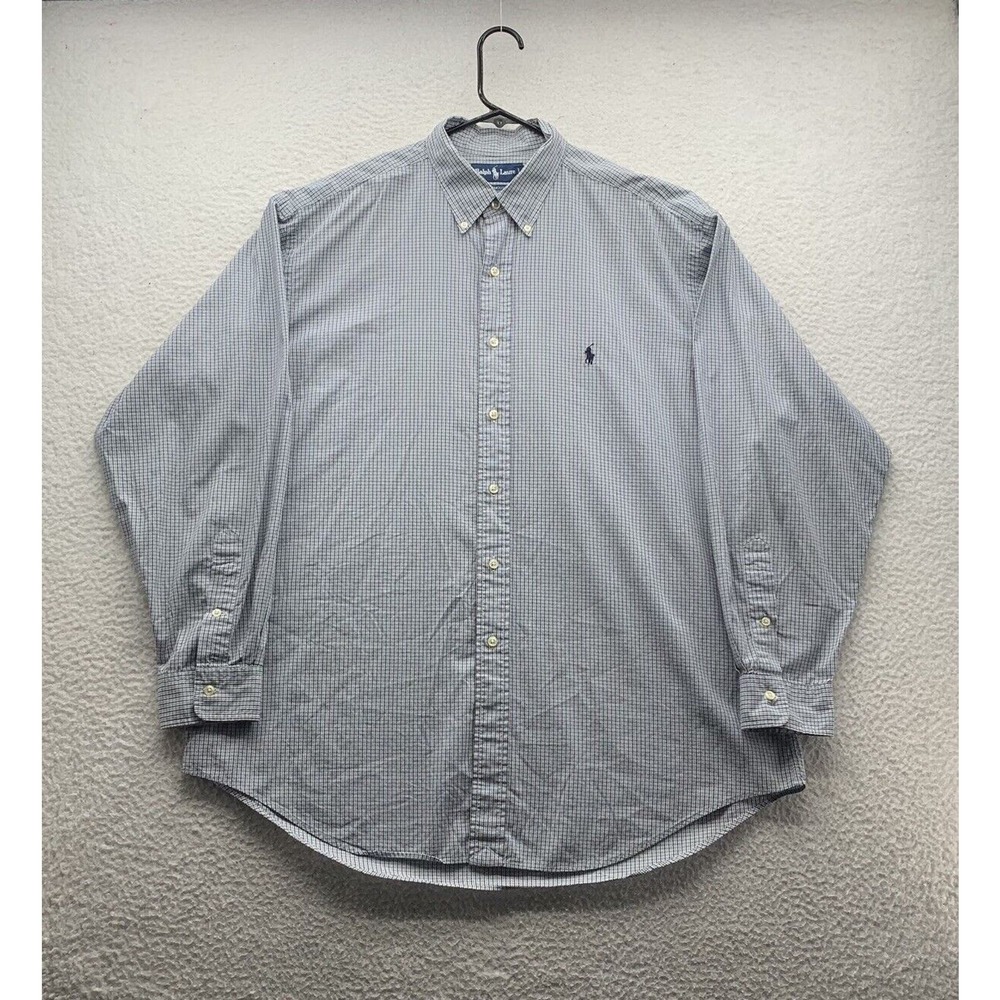 VTG Ralph Lauren Yarmouth Dress Shirt Mens 17 34/35 Plaid Tattersall Check Blue